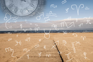 Sea beach and astrological horoscope symbols