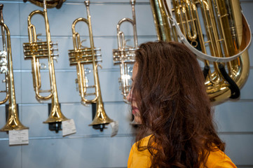 Trumpet instrument. Music player trumpeter jazz playing. Brass instrument cornet hands. musical...