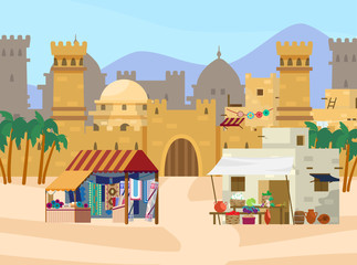 Vector illustration of Middle Eastern scene. Castle with towers and gates. Arabian houses. Fabric and carpets store, vegetable market. Desert landscape. Flat style.