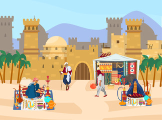 Vector illustration of Middle Eastern scene. Castle with towers and gates. Arabian houses. Street trade. Man smoking hookah. Veiled woman sells jewelry and ceramics. Desert landscape. Flat style.