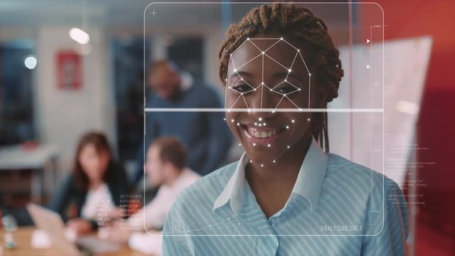 Face ID. Future Face Detection. Young Beautiful African Woman Office Worker is Identified by Biometric Facial Recognition Scanning Process. 3D Render Animation. Augmented Reality.