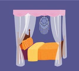 Wooden four-poster bed with colorful pillows and dream catcher. Interior element. Cartoon vector illustration.