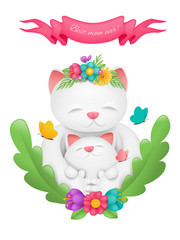 Happy Mother's Day greeting card with hugging mother cat in floral frame.
