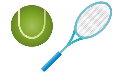 Raqueta azul y pelota de tenis.