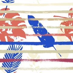Papier Peint photo Rayures horizontales Sailor Stripes Vector Seamless Pattern, imprimé floral exotique bleu, blanc, jaune. Botanique