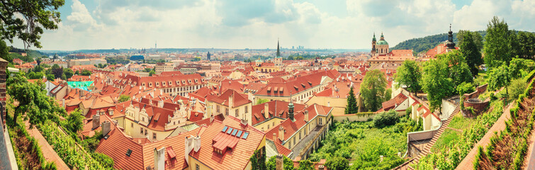 Fototapeta na wymiar City summer landscape, panorama, banner - top view of the Mala Strana (Little Side) of the historical district of Prague, Czech Republic