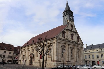 Obraz premium Temple protestant de Montbéliard ouvert en 1607- ville de Montbéliard - département du Doubs - région Franche Comté - France - Vue extérieure