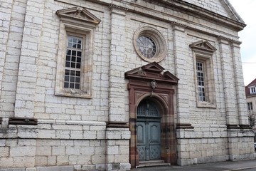 Fototapeta na wymiar Temple protestant de Montbéliard ouvert en 1607- ville de Montbéliard - département du Doubs - région Franche Comté - France - Vue extérieure