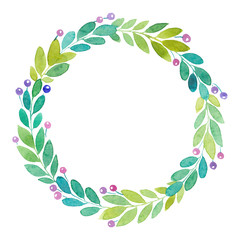 Watercolor spring green wreath of twigs, berries and leaves, copy space, greetings card, isolated on white