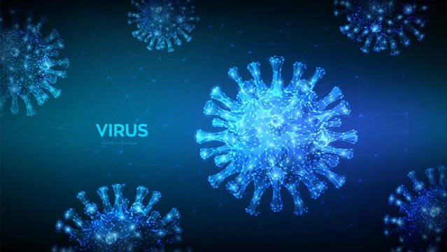 Coronavirus 2019-nCov novel coronavirus low poly abstract concept. Microscopic view of virus cells close up. Dangerous asian ncov corona virus, SARS pandemic risk. 3D polygonal vector illustration.