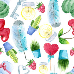 Watercolor hand painted spring elements, cactus, grass, feather, cherries isolated on white. Modern watercolor in valentine's day collection style