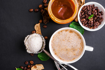 Mushroom Chaga Coffee Superfood Trend-dry and fresh mushrooms and coffee beans on dark background with mint.