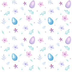 Happy Easter holiday watercolor seamless pattern with colorful eggs, flowers and leaves, greetings card, isolated on white