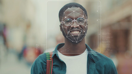 Future. Face Detection. Face ID. 3D Identification of Handsome Smiling African American Man Student with Animated Dots and Grids. Biometrical Safe Human Face Scanning. Augmented Reality.