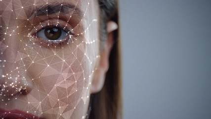 Face ID. Future. Half Face of Young Caucasian Woman for Face Detection. Brown Female Eye Biometrical Iris Scan Reading for Person Identification. Augmented Reality. 3D Technology Concept. - Powered by Adobe