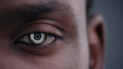 Human Half Face for Facial Recognition. African American Man Brown Eye Biometrical Iris Reading with Animated Dots and Lines. Augmented Reality. Futuristic Face ID. Science and Technology.