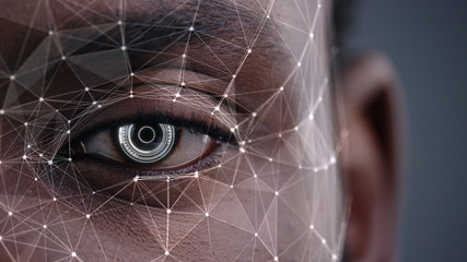 Human Half Face for Facial Recognition. African American Man Brown Eye Biometrical Iris Reading with Animated Dots and Lines. Augmented Reality. Futuristic Face ID. Science and Technology.