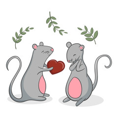 Two grey mice characters; mouse with a heart; vector illustration EPS10