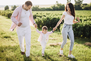Fototapeta premium Happy family posing on a green field