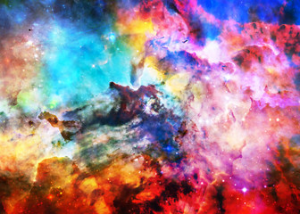 Fototapeta na wymiar Star forming region somewhere in deep space in bright colours. Science fiction wallpaper. Elements of this image were furnished by NASA