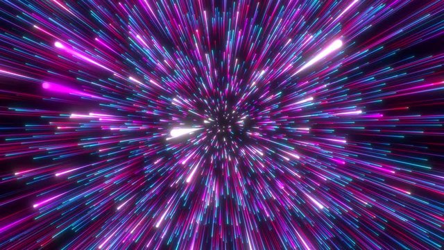 Looped animation. Interstellar travel through space and time at the speed of light. Bright neon blue, red and violet laser beams on dark background. Colorful fireworks. 3d rendering.