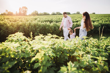 Happy family posing on a green field