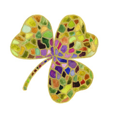 Mosaic shamrock illustration. Hand-drawn multi-colored ornamental shamrock on a white background isolated. Decorative element for traditional design for St. Patrick's Day