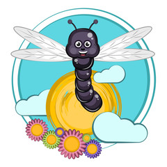 Cartoon of a cute happy dragonfly