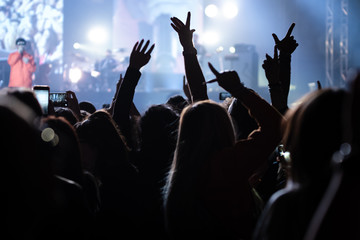 People having fun with their hands in the sky at the live music concert