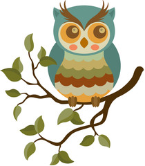 Vintage owl on branch with leaves
