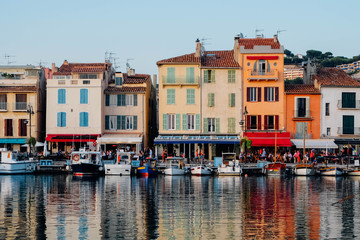 Colorful buildings and boats in the port of Cassis, France.