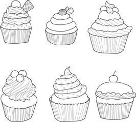 Cupcake collection set hand drawn vector illustration.wallpaper and background. Cartoon style. Design for decor, cards, print, web, poster, banner, t-shirt