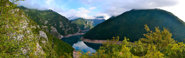 Panoramic view at Piva Lake(Pivsko Jezero) near Pluzine, Montenegro.