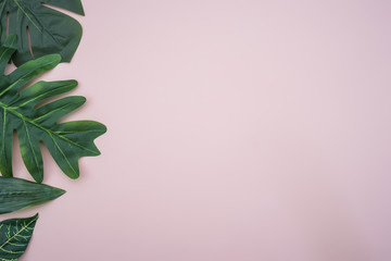 Fototapeta premium Various tropical leaves on a pink background, top view