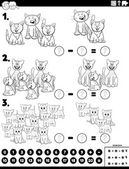 subtraction educational task with cats color book page