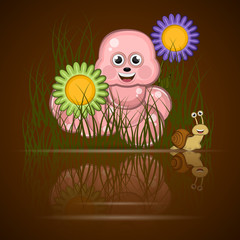 Earthworm over a puddle with flowers