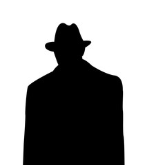 black silhouette of man in hat and suit on the white backdrop