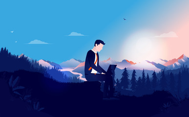 Businessman working on laptop outside - Man with laptop sitting outside with beautiful landscape in background. Sunrise, mountains and blue sky. Freedom, working late and workaholic concept. Vector.