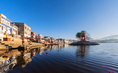 Panoramic view of the holy lake in Pushkar, India. Pushkar is a town in the Ajmer district in the state of Rajasthan.