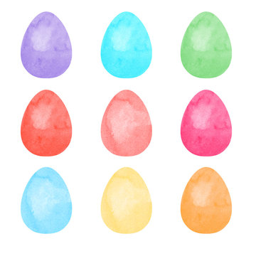 Easter clipart set. 9 watercolor multicolored eggs.