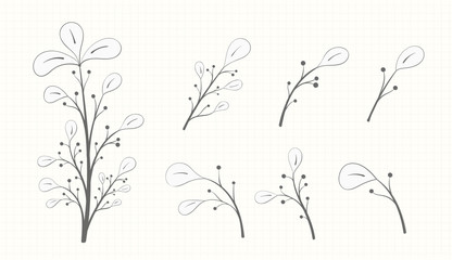 Fototapeta na wymiar A branch with leaves in a gray tone and a set of small branches isolated on a light background