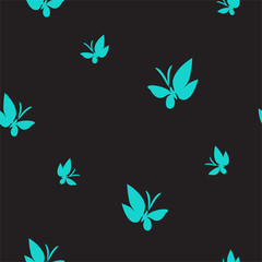 Seamless pattern drawn butterflies. Turquoise moths flutter pattern on black. Simple vector background for design.