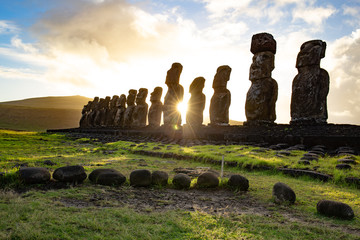 Easter island landscape. Ahu Tongariki. Panoramic view Papa nui