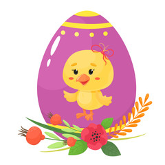 Happy easter. Easter egg with floral decorations and a cute chicken. Vector isolate.