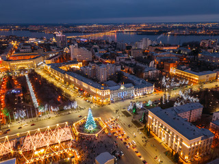 Street illumination during new year celebration in Voronezh, Russia, aerial view