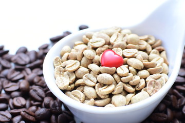  Dried beans and coffee beans from Colombia on wooden background