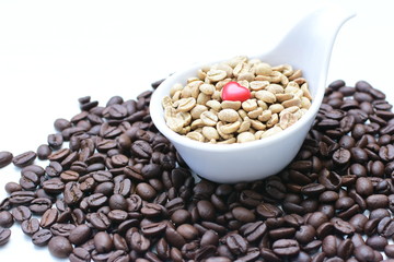  Dried beans and coffee beans from Colombia on wooden background