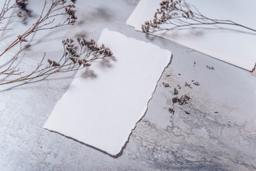 Wedding invitation mockup with dry plants , papers on stone background. Top view, flat lay. Wedding stationary. Perfect for presentation of your invitation, menu, greeting cards. Winter concept