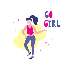 Vector illustration of happy beautiful woman or girl in pants putting hand up and showing Go Girl phrase on yellow background. Feminism, woman rights, strong girl concept. 