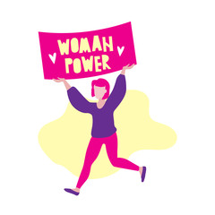 Vector illustration of woman or girl with pink hair running and holding streamer with woman power phrase and hearts on pink background. Woman power phrase. Feminism, woman rights, strong girl concept